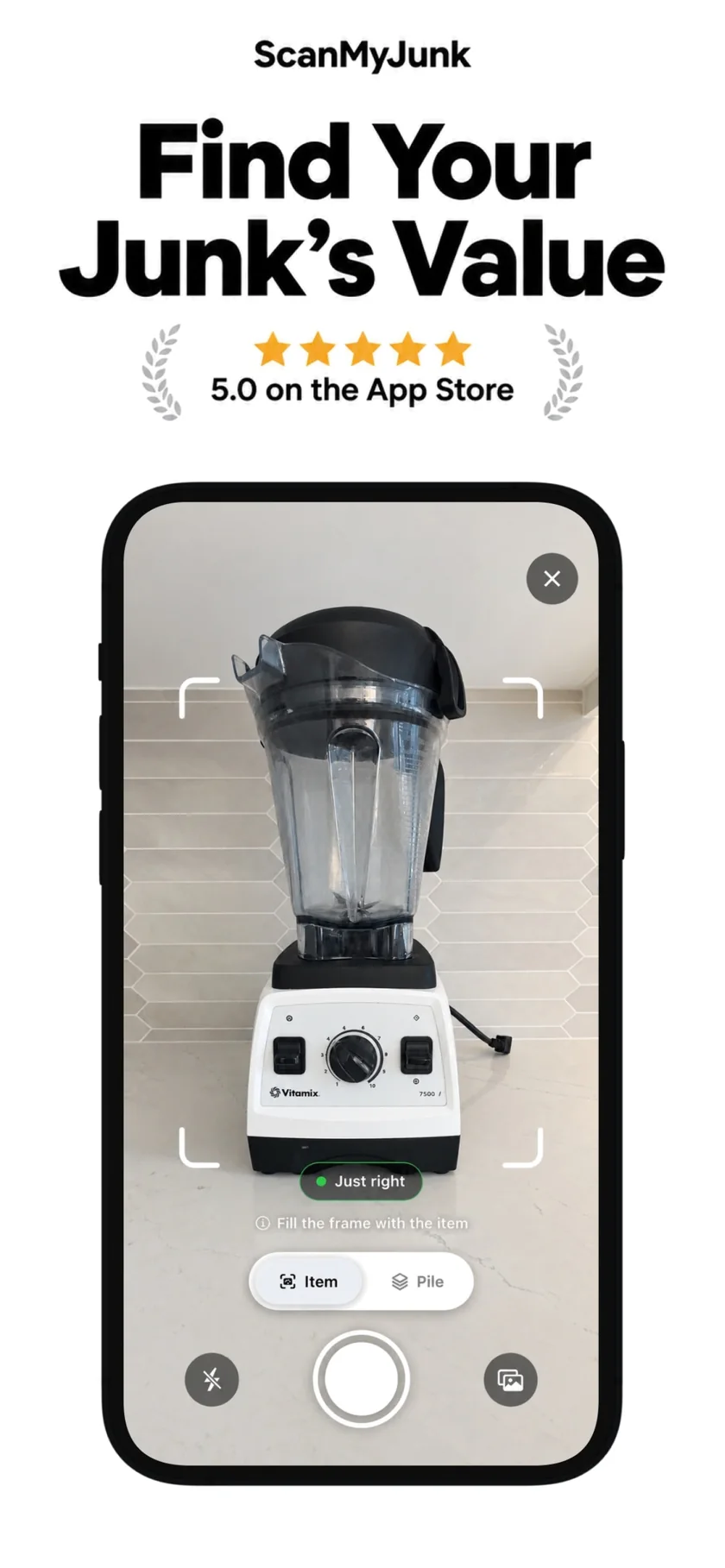 ScanMyJunk — find your junk's value. Rated 5.0 on the App Store. The app framing a Vitamix blender in the camera, ready to scan.