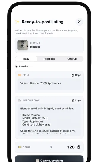 A ready-to-post listing with a title, description and price